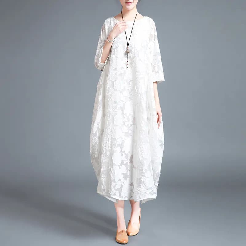 Super fairy same style dress 2025 new loose long skirt retro lace ethnic style robe solid color over the knee cocoon type