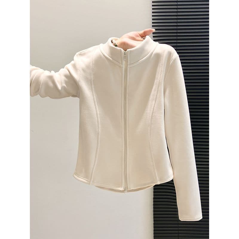Large size German velvet double zipper stand collar long-sleeved coat women's autumn and winter new slim fit and flesh-covering outer wear warm top