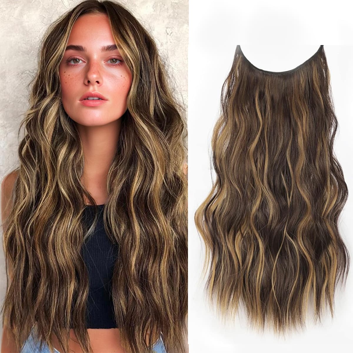 Cross-Border Wig for Women, One-Piece Extended Highlighted Wig, Water Ripple Long Curly Hair, Invisible Artificial Hair Extensions