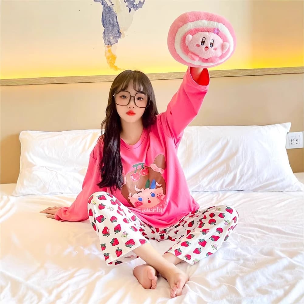 Girls' Trendy Strawberry Homewear Spring/Autumn Cartoon Princess Loose Pajama Set for Older Kids, Wearable Outside