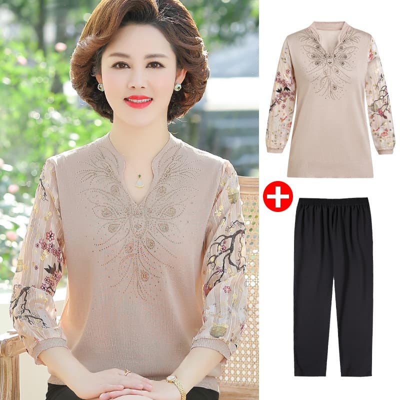 Mother's Spring and Summer Thin Seven-Sleeve T-Shirt, Middle-Aged Women's Top for 50s and 60s, Mid-Sleeve Set
