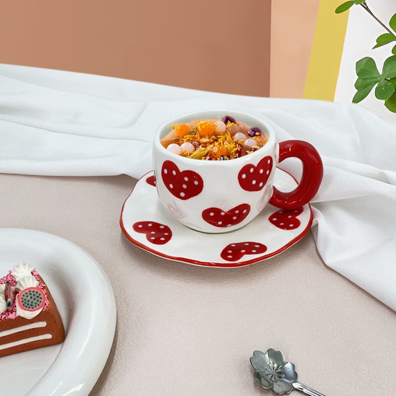Handmade Ceramic Coffee Cup and Plate Set, High Aesthetic Value, Korean Style Afternoon Tea Flower Tea Cup, White Porcelain Mark Cup