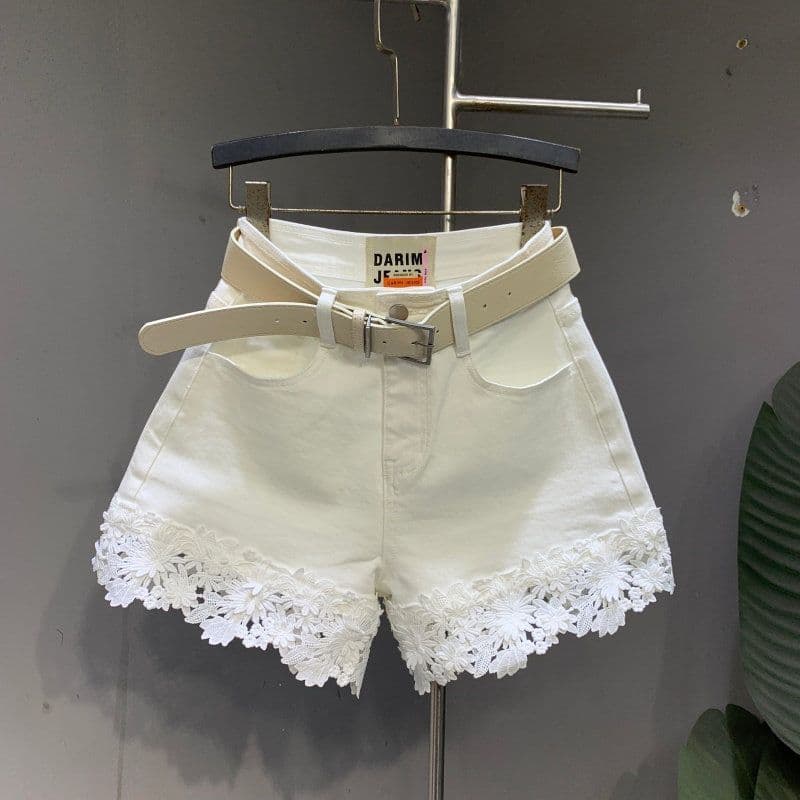 2026 Summer High-Waist White Denim Shorts for Women with Lace Hollow Design, Trendy Loose Fit
