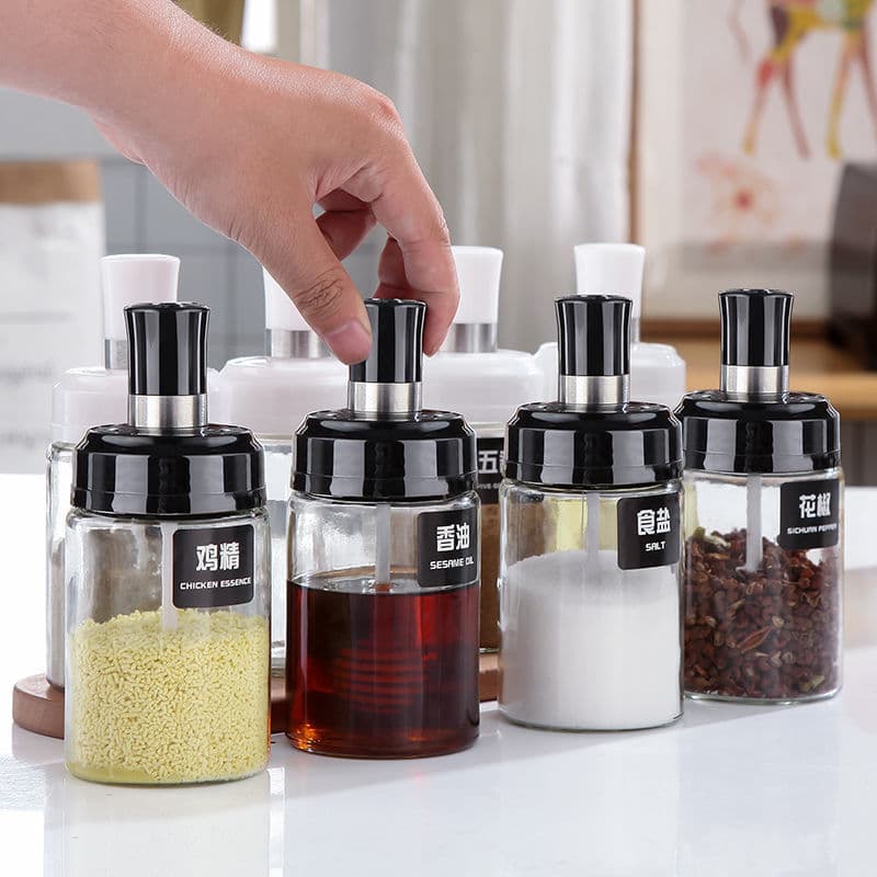 Kitchen Glass Seasoning Bottle, Spice Jar with Integrated Spoon Lid, Oil Dispenser, Seasoning Container Set, Salt Control Bottle
