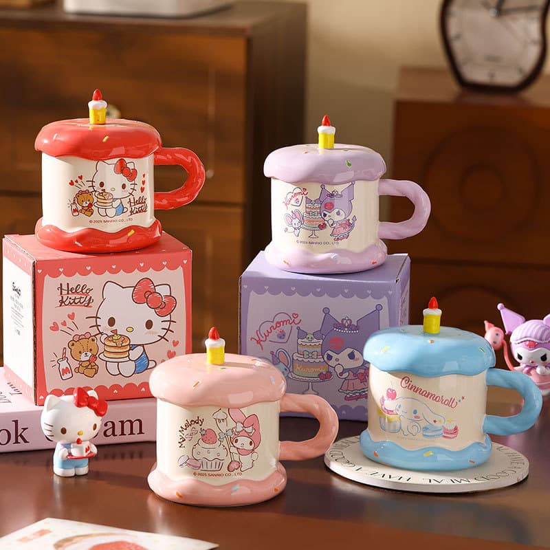 Sanrio Cake Cup Mug Full Ceramic with Lid Hello Kitty Cute Girly Heart Breakfast Coffee Water Cup