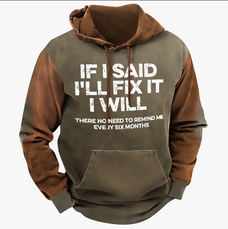 Vintage Workwear Style Brown-Green Hoodie Distressed Fun English Slogan Print Drop Shoulder Loose Fit Auto Mechanic Versatile