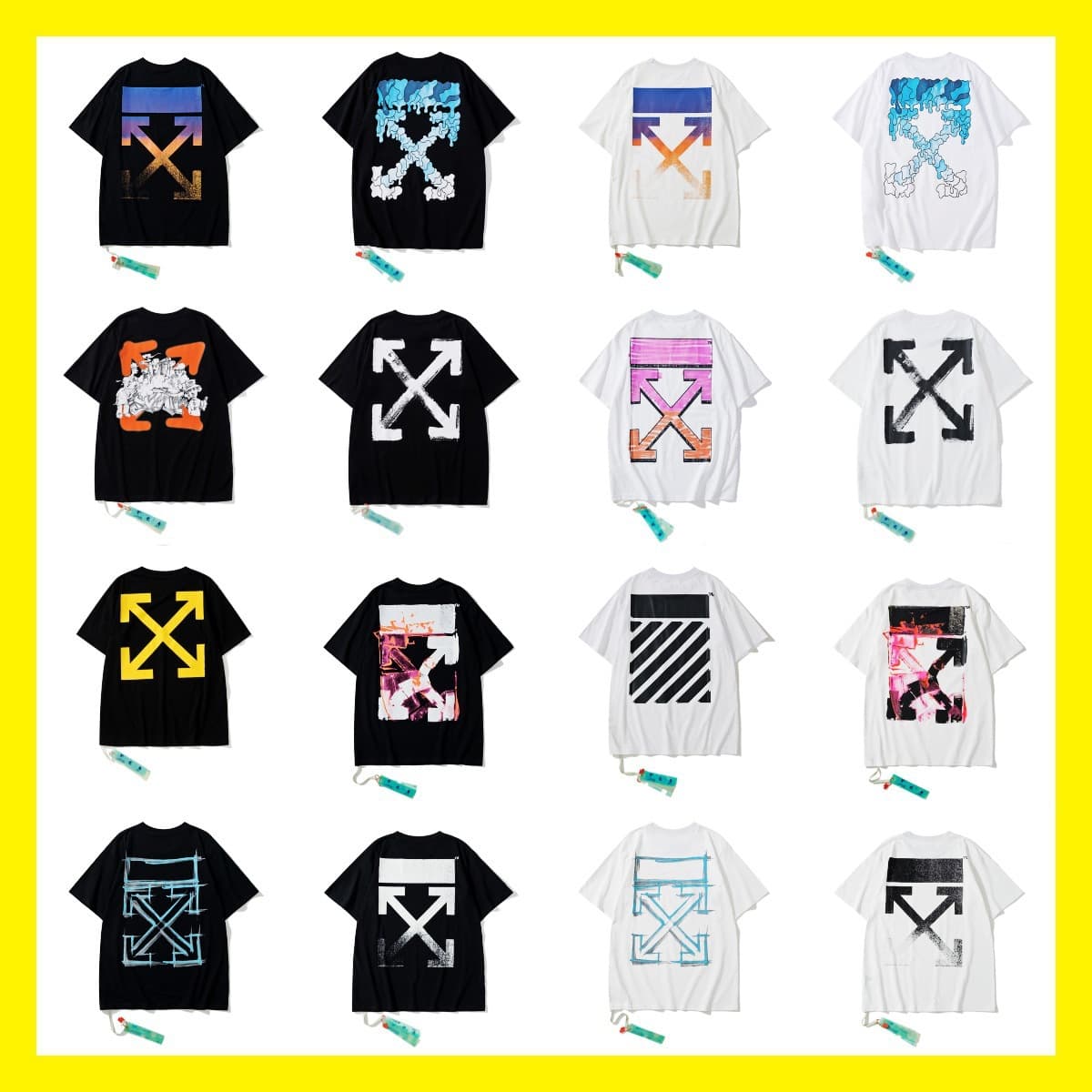 Wholesale Cross-Border Short-Sleeve Trendy Brand T-Shirt with Dissolving Arrow Gradient Starry Sky Ink Splash Design, Yellow Tape Warning Line Couple's Outfit T-Shirt