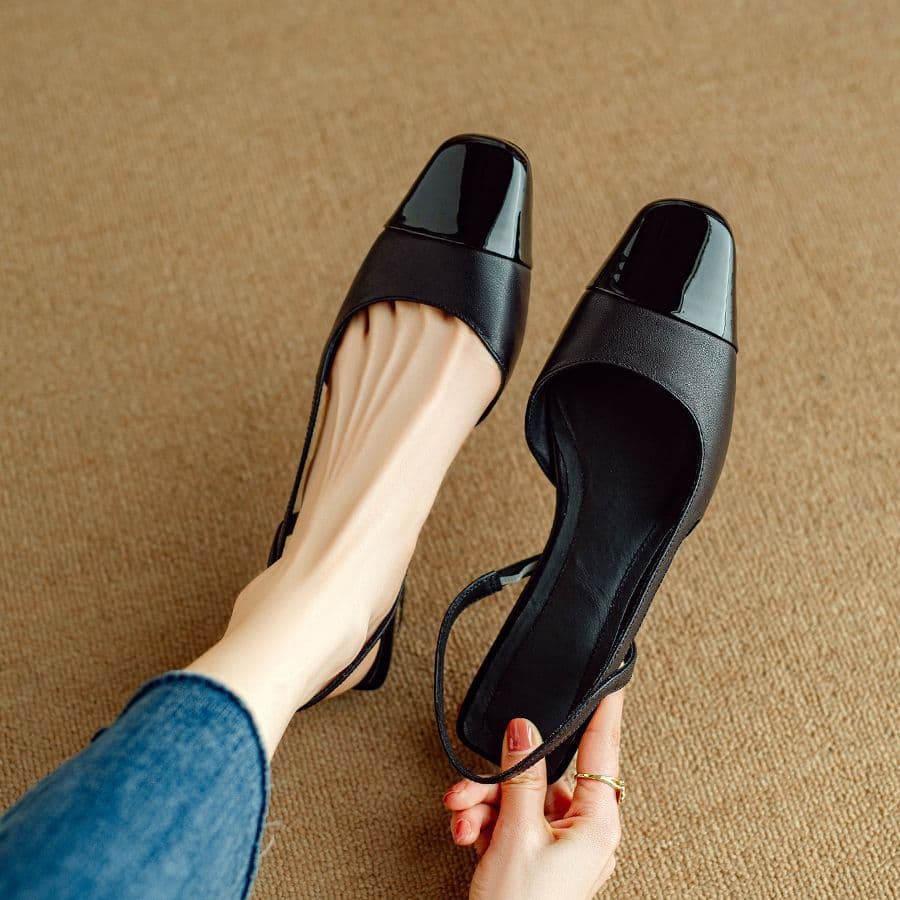 Retro Closed-Toe Color-Block Sandals with One-Strap Chunky Heel, Open-Back Square Toe Single Shoes, Chanel-Style Elegant Handmade Women's Shoes