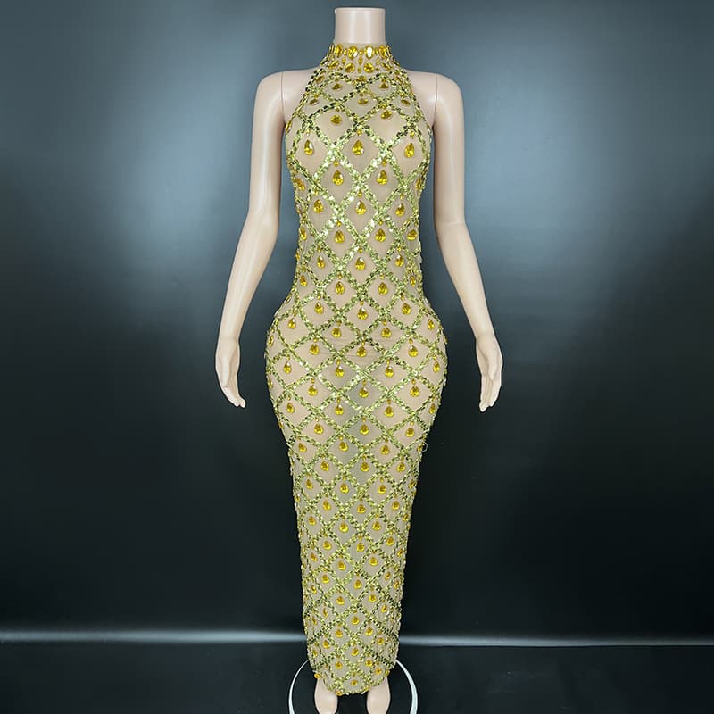 Gold Diamond Mesh Performance Dress for Banquet, Party, Birthday, Event Hosting, Emcee Gown, Date Night, Singer, Music Festival