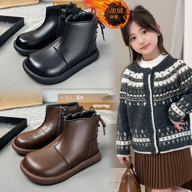 Girls' Boots, Children's Short Boots, Black Boots, 2025 Autumn and Winter New Style Fleece-Lined Little Girl Leather Boots, Princess Shoes
