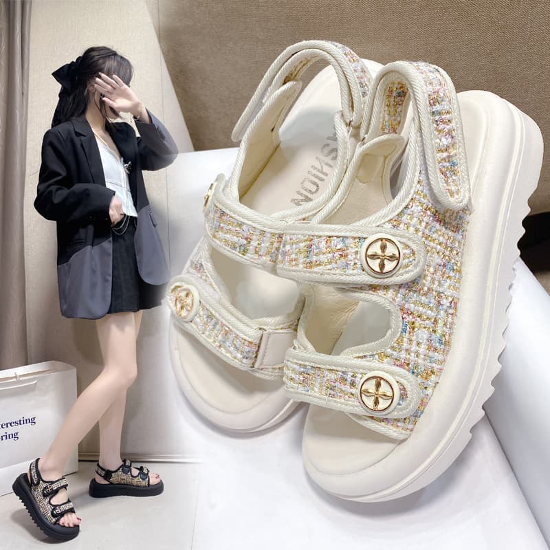 Flat Bottom Sandals Women's Summer Thick Heel Fashion Casual Roman Beach Shoes round Head Korean Style Elastic Band PU Lining