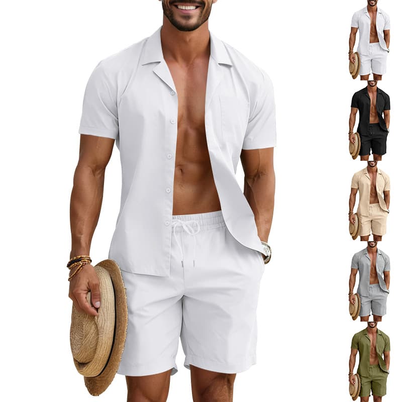 Cross-border independent site Europe and America summer men's loose casual trendy beach short-sleeve shirt and shorts set customizable wholesale