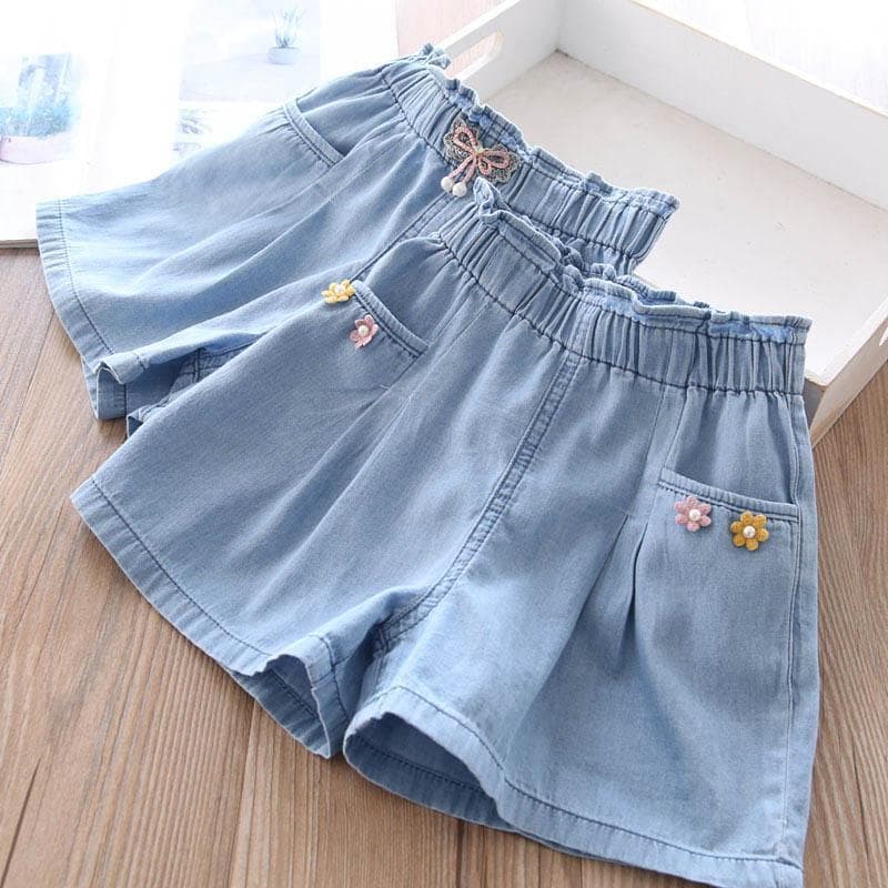 Baby Girls' Bow Lace Denim Shorts, 26 Summer New Arrival Children's Tencel Cotton Thin Hot Pants
