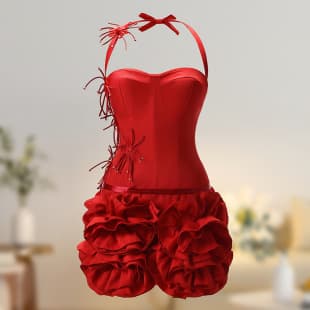 Strapless dress women's celebrity birthday party dress, heavy three-dimensional rose fishbone waist puffy red dress