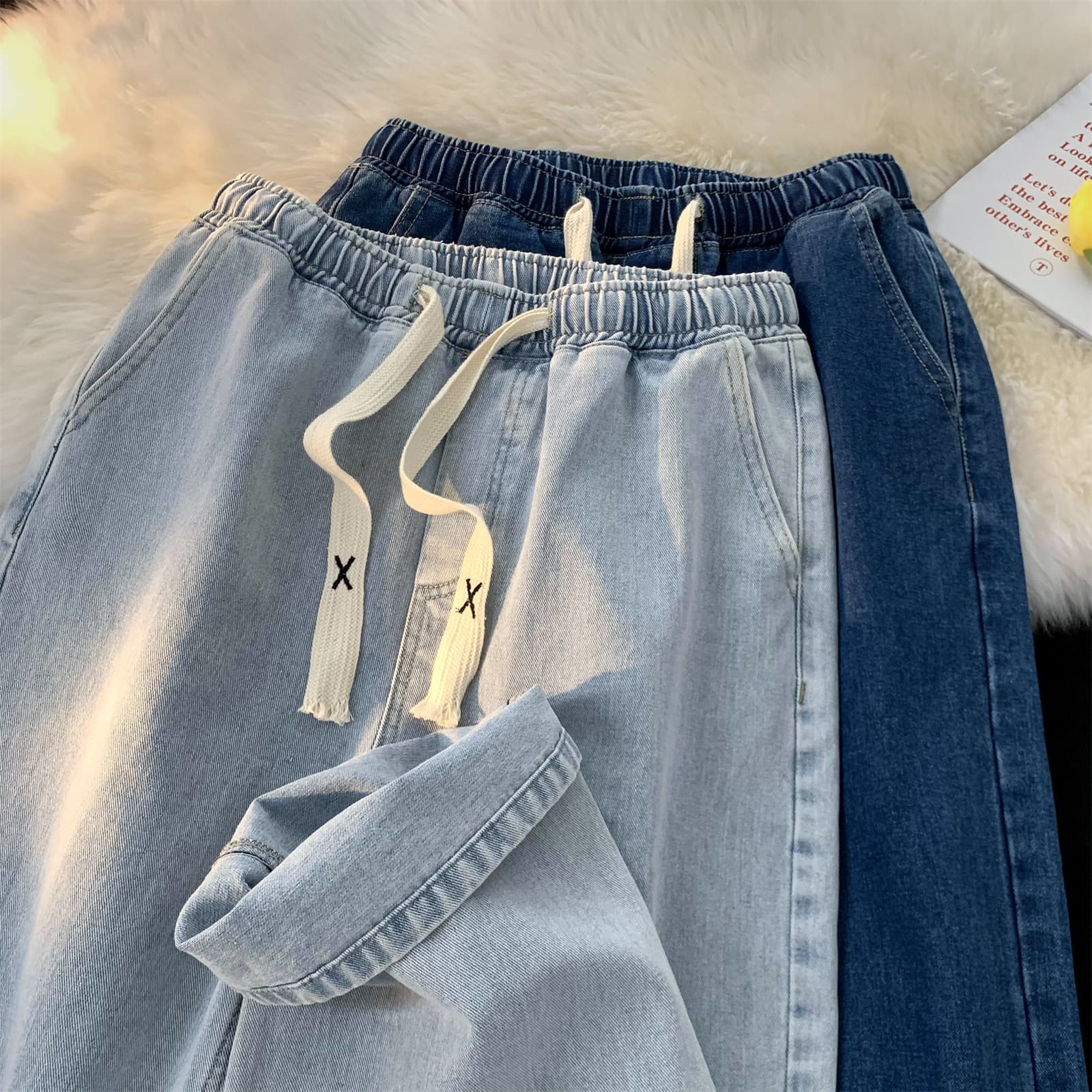 Washed Vintage Men's Jeans Drawstring Straight Leg Casual Trousers Autumn Fashion plus Size Clothing Straight Cut Pants