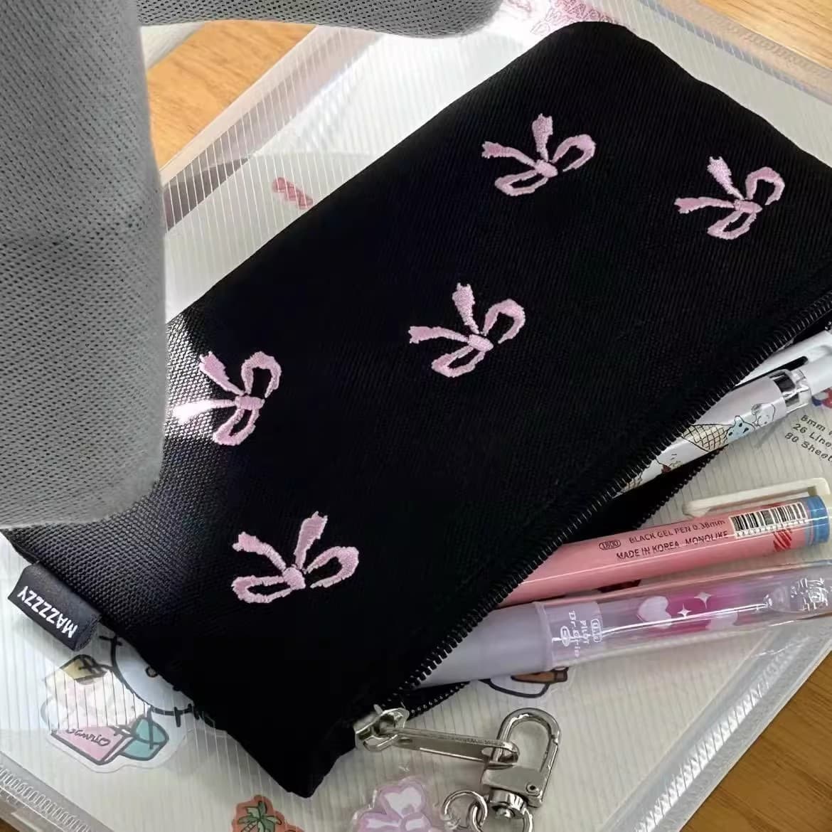 Black Bow Embroidery Student Pencil Case, Aesthetic Niche Large-Capacity Stationery Pencil Case for Middle and High School Girls, Ins Style