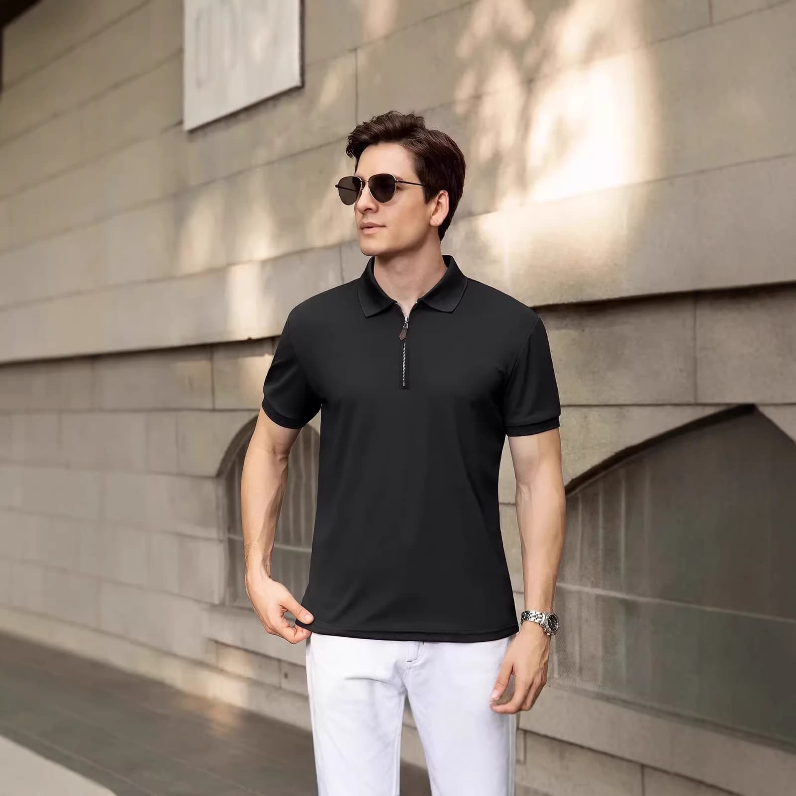 Popular Foreign Trade Polo Shirt for Men, Sporty Casual Simple Fashion Zipper Short-Sleeve T-Shirt, Cross-Border Bestseller Turn-Down Collar Shirt