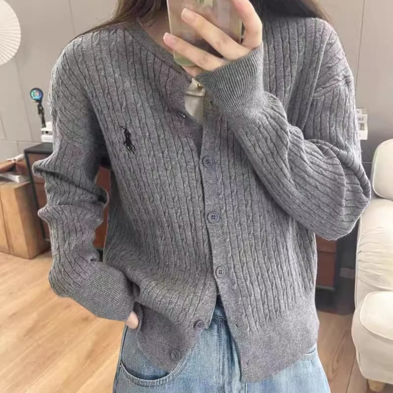 Three-strand yarn pony embroidery twist knitted sweater cardigan sweater for women autumn winter early spring retro round neck jacket top