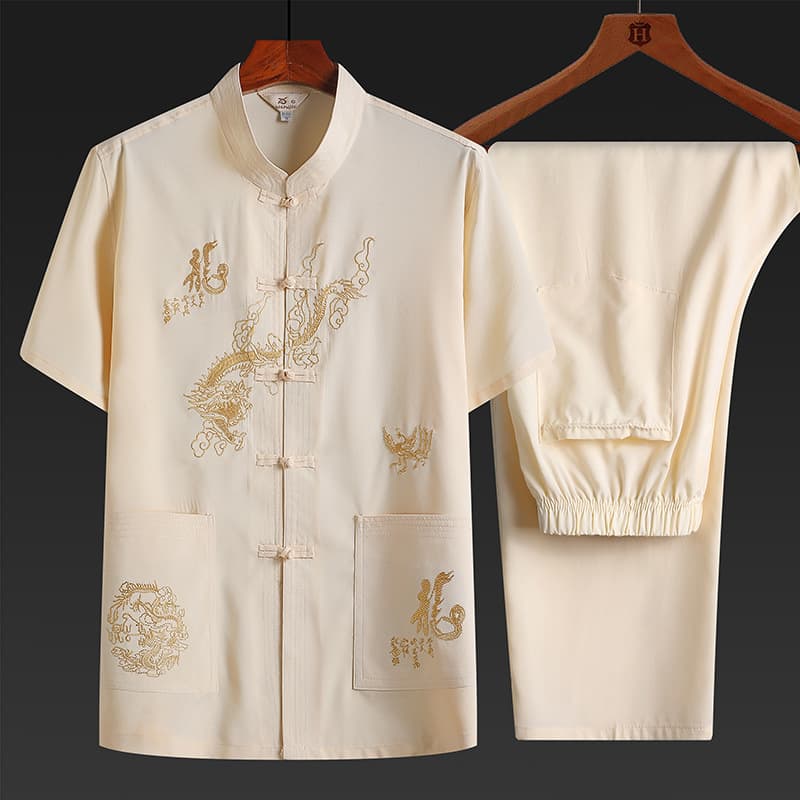 Middle-aged and Elderly Short-sleeve Stand Collar Shirt Summer Men's Chinese-style Tang Suit Embroidery Loose Tai Chi Suit Hotel Chinese-style Hanfu