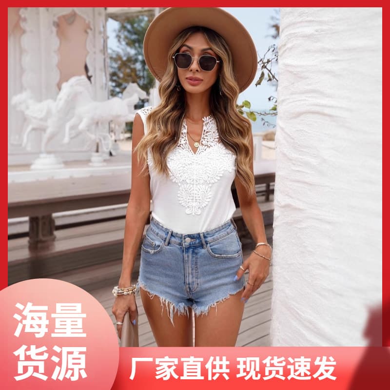 2026 New Spring/Summer Cross-border Amazon Europe/US V-Neck Lace Trim Solid Color Patchwork Pullover Sleeveless T-Shirt for Women