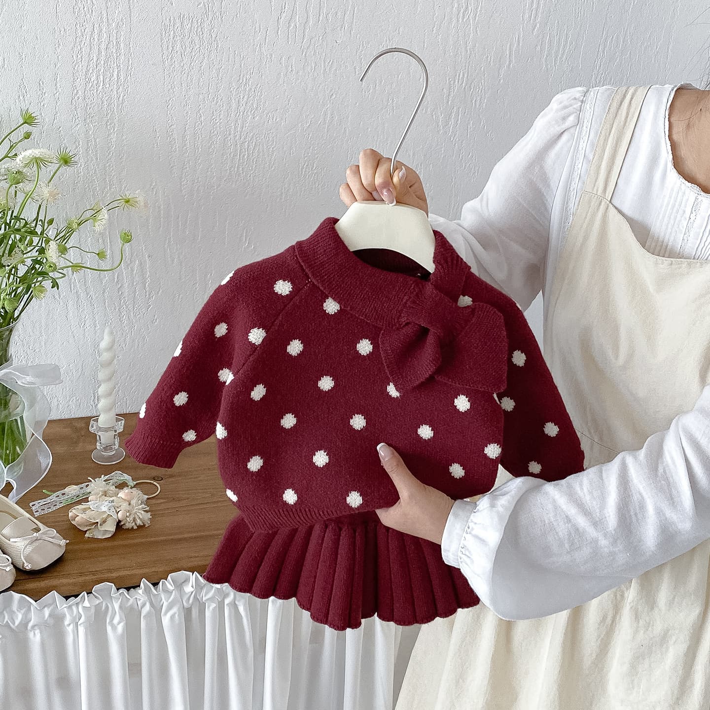 Dianxi infant casual polka dot long-sleeved sweater baby girl autumn sweet and fashionable bow pleated skirt two-piece set