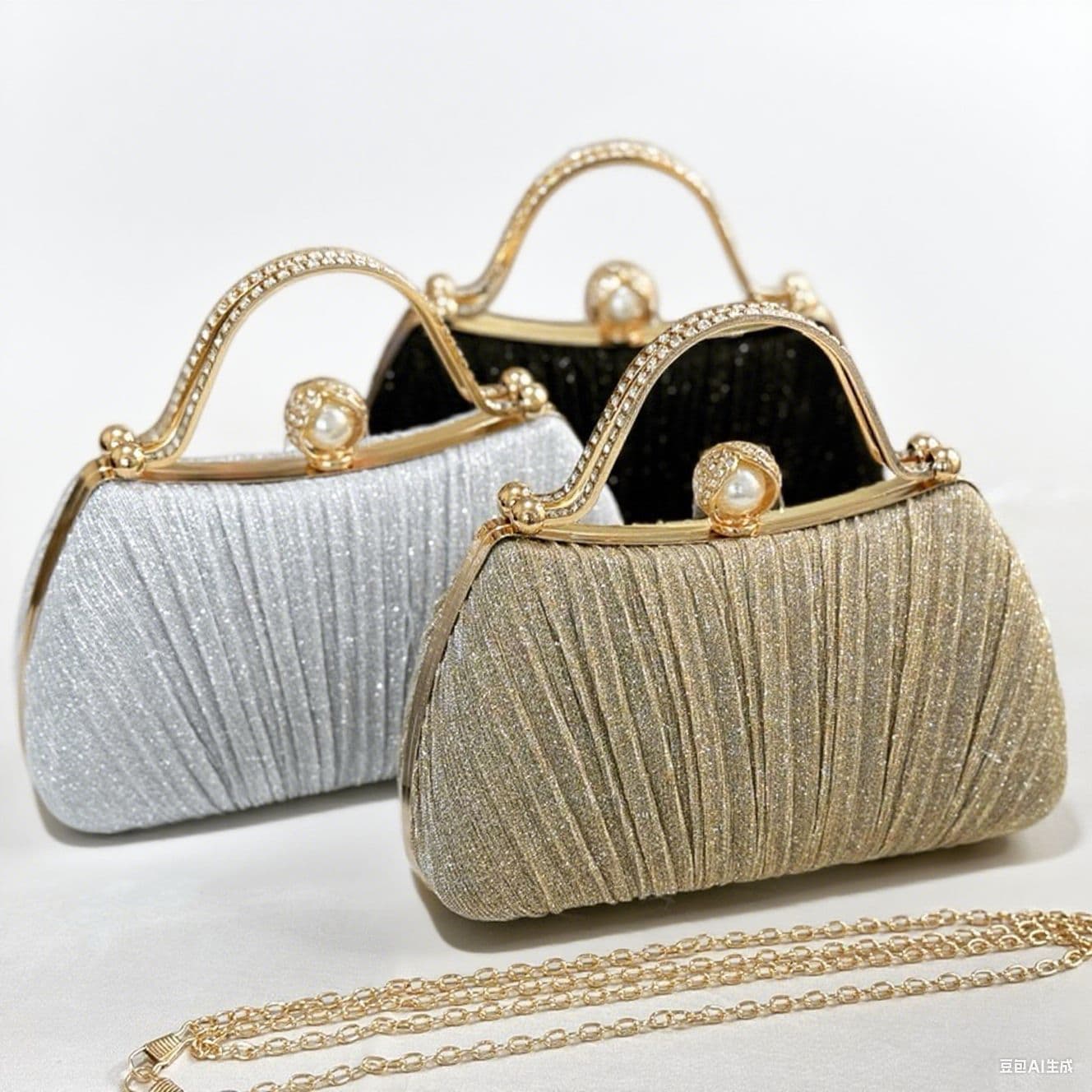 Cross-Border Popular Dinner Handbag Pleated Glossy Banquet Bag Bridal Dress Clutch Bag Metal Pearl Buckle Clutch Bag