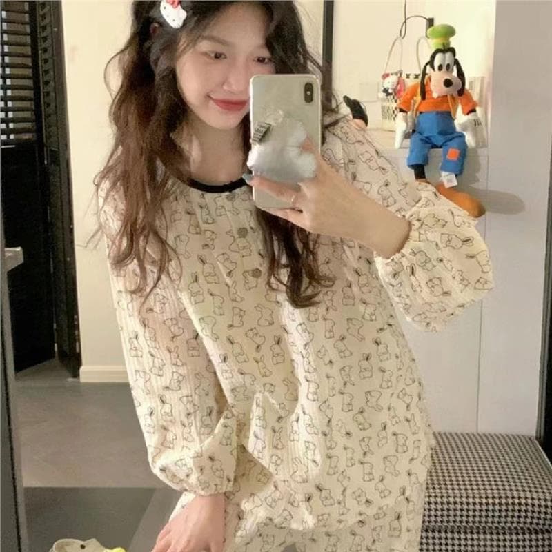 Spring Autumn Long Sleeve Long Pants Rabbit Set Sleepwear for Women Casual Comfortable Milk Silk Polyester Home Clothes