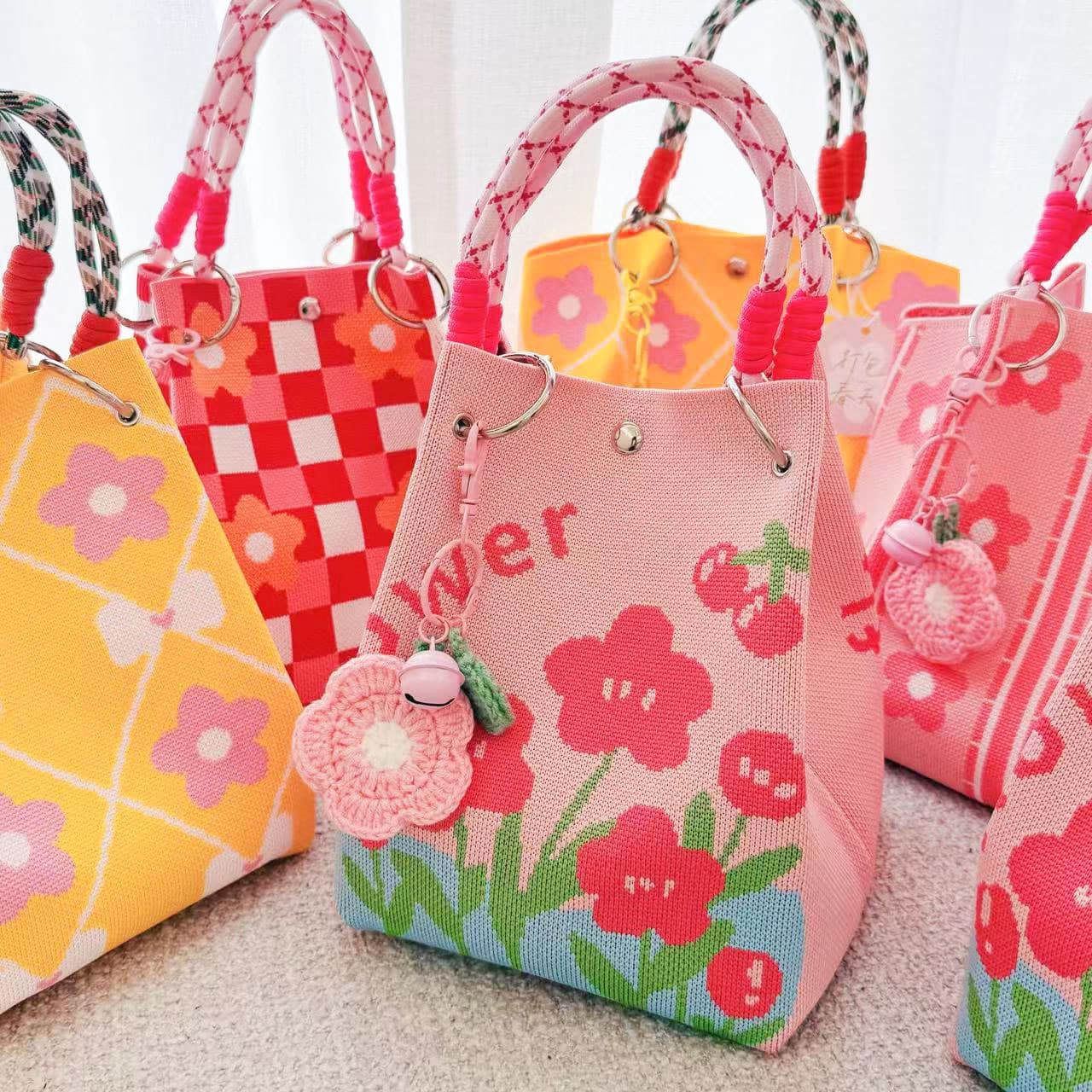 Factory Direct Fresh Floral Knitted Ring Buckle Bag, Cute Tote, Large Capacity, Versatile Carry Handbag