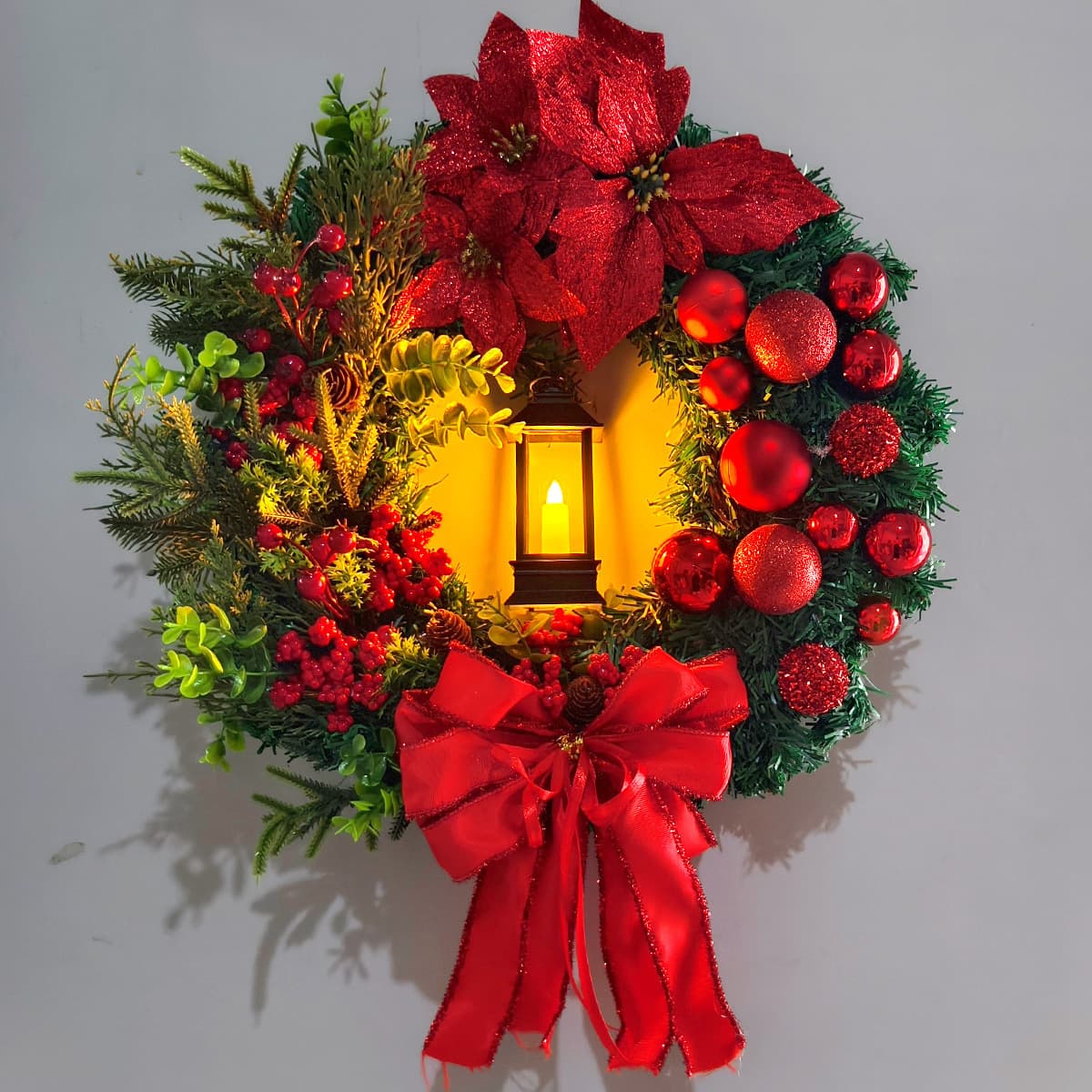 Cross-border Christmas Lantern Wreath Door and Window Decoration Festive Red Bow Christmas Vine Ring Door Hanging Scene Arrangement