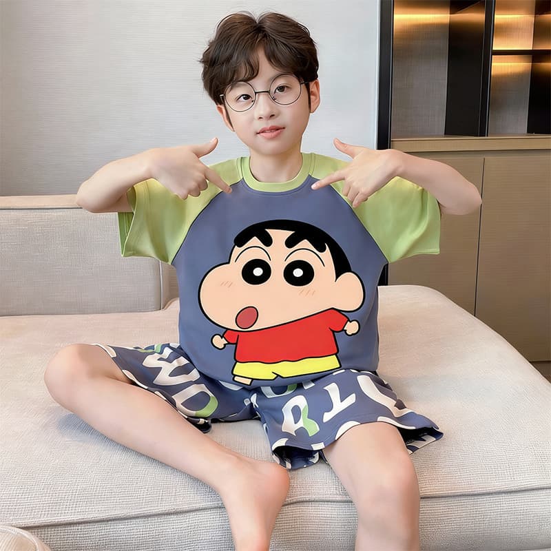 Summer thin air-conditioned clothes for boys and children, pajamas suits for teenagers, middle-aged and older children, cartoon short-sleeved home clothes for outer wear