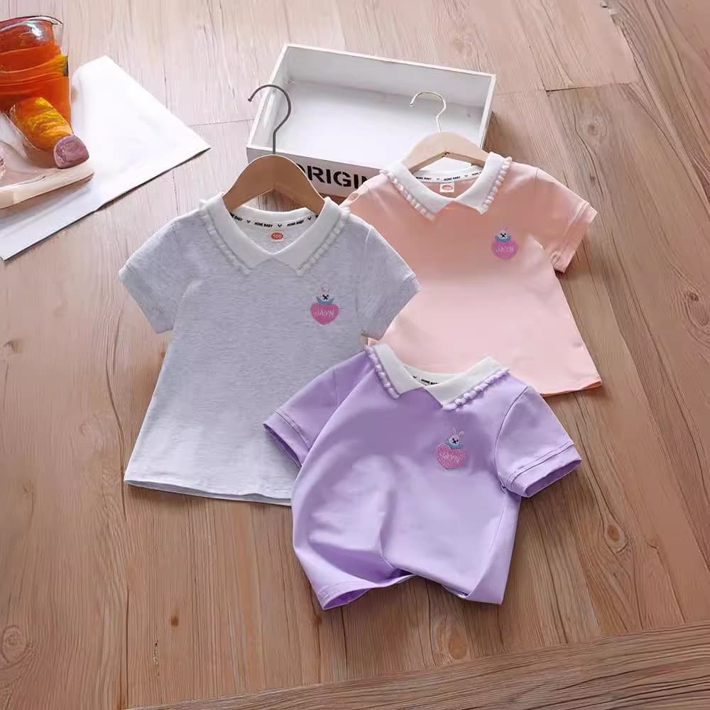 Girls Summer T-Shirt 2024 Casual Cotton Top Kids Loose Turn-Down Collar Short Sleeve Clothing