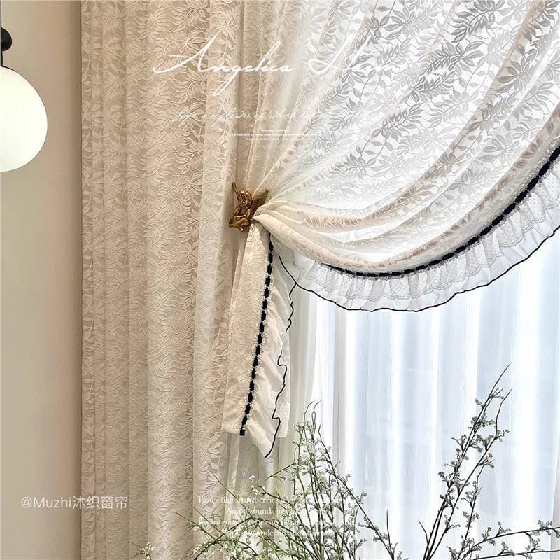 Curtain French Lace Crystal Voile Vintage Lace Window Voile Hepburn Style Translucent Hollow Embroidered Curtain Voile