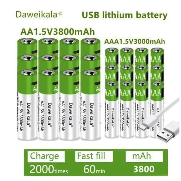 Rechargeable Lithium-Ion Battery Fast Charging USB 1.5V AA + AAA Battery 3800-3000mAh