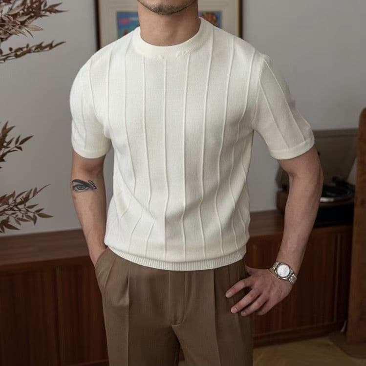 New Solid Color 2025 Short Sleeve Knit Top Round Neck Trendy Men's Versatile Pullover Half Sleeve Undershirt Casual Summer