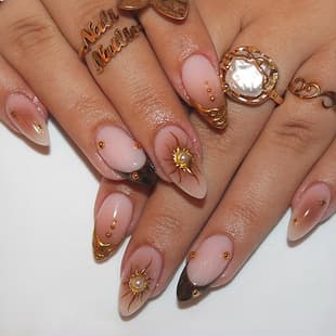 Ins Nail Art Drill Point Cross-Border New Sun Star French Almond Nails Exquisite Long Press-On Nails Wholesale