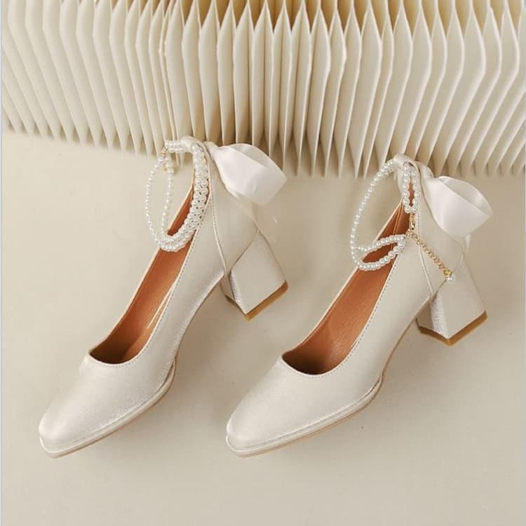 Mary Jane Women's Shoes Chunky Heel Square Toe High Heels Sexy Pearl Medium Heel Single Shoes Red Wedding Shoes Spring Autumn