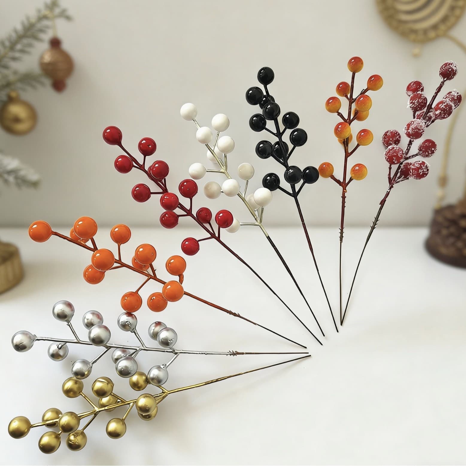 12 Premium Red Fruit Artificial Christmas Berry Branches for New Year Decoration, Red Fruit Fortune Fruit, Blessing Bucket Accessories Wholesale