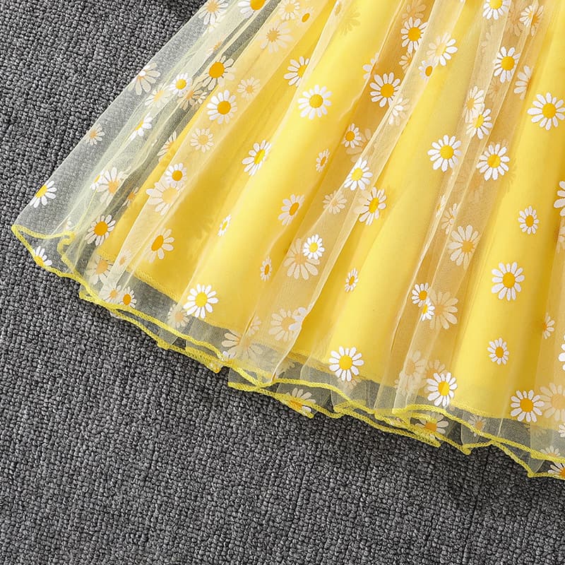 Girls' Cross-Border Trade Cute Stitched Mesh Daisy Lace Short Sleeve Bow Decor Mesh Dress