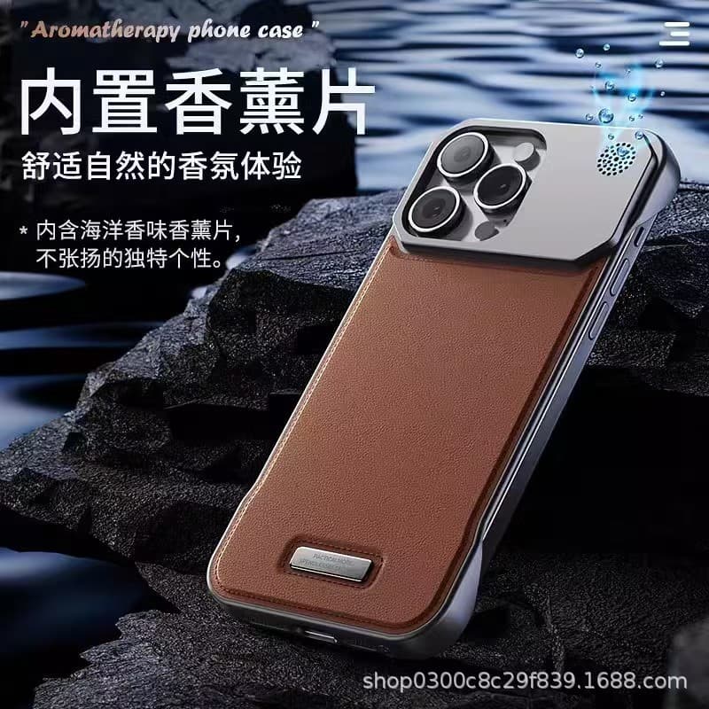 Leather Aromatherapy Magnetic Phone Case with Lens Frame Bracket, Compatible with iPhone 17, Apple 16, Creative Anti-Fall Hard Case 15