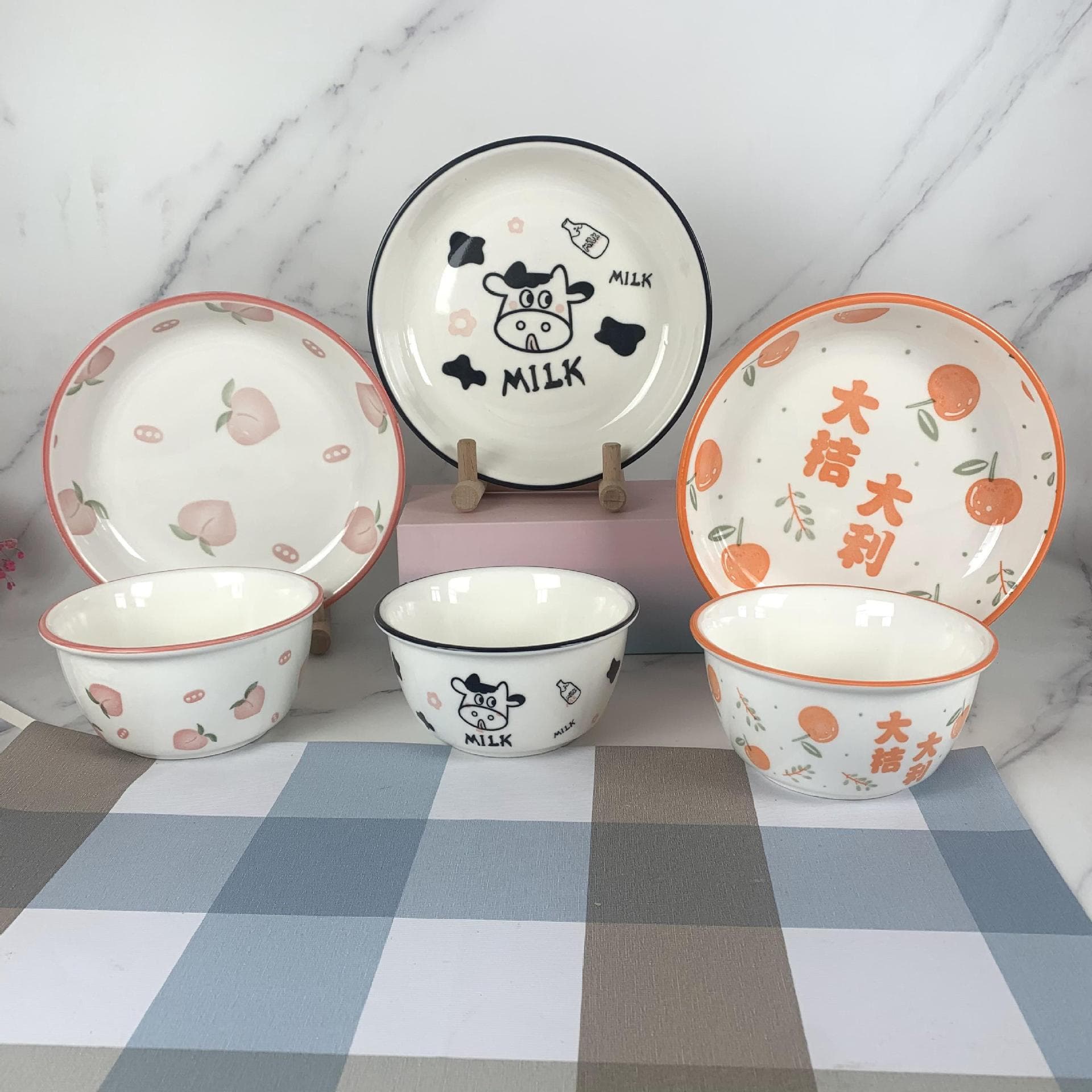 Daily Goods Wholesale Ceramic Peach/Ox "Great Fortune" Ceramic Bowl/Plate Stall Night Market $2 Store