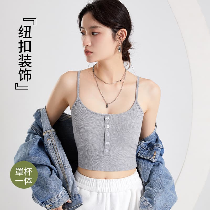 2025 Women's Spring/Summer New Padded Single Row Button Crop Camisole Top Built-in Bra Tank Top Wearable Out