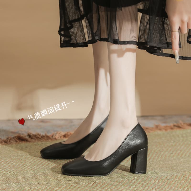 302-11 Low-Cut High-Heel Shoes for Women, New Style Square Toe Chunky Heel, Large Size, Wide Width, Office Commute Flats