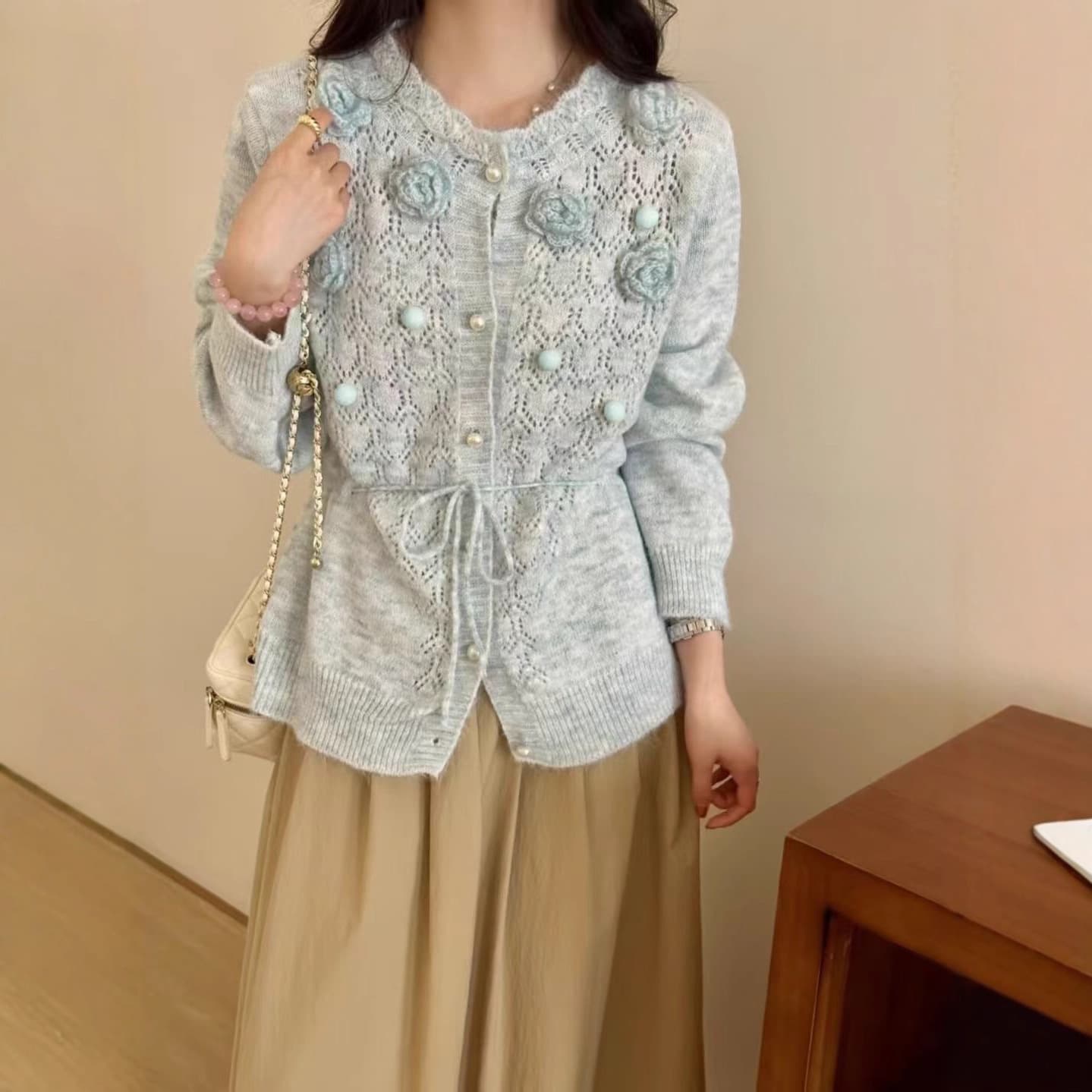 European Style Heavy Knit Cardigan with 3D Floral Embroidery, New Fall/Winter Crochet Hollow-Out Waist-Slimming Sweater Coat