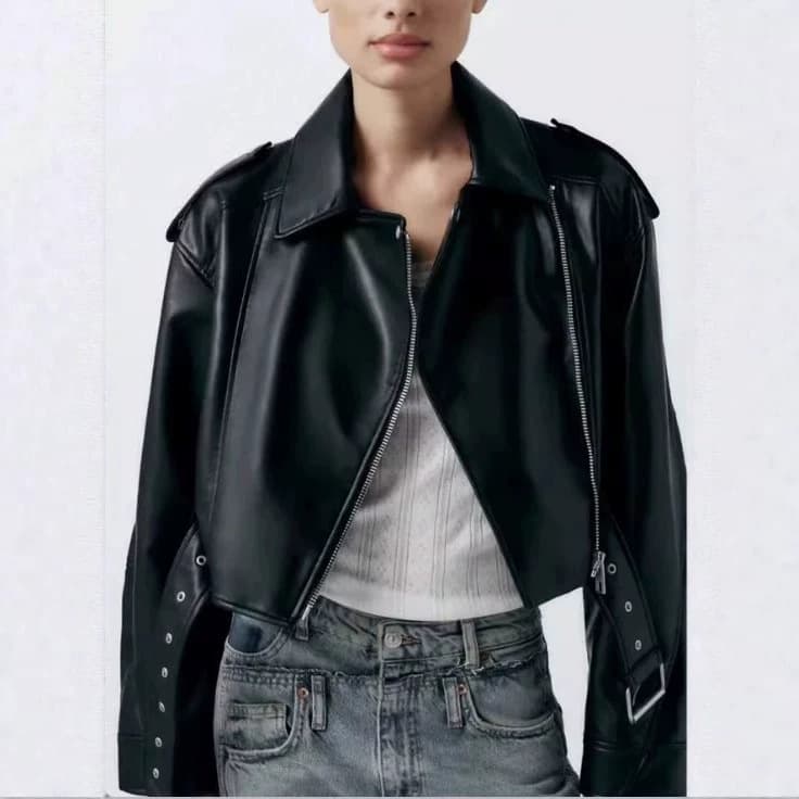 2026 New European and American Style Black Motorcycle Leather Jacket Women's Short Slim Fit PU Jacket Jacket Fashionable and Versatile