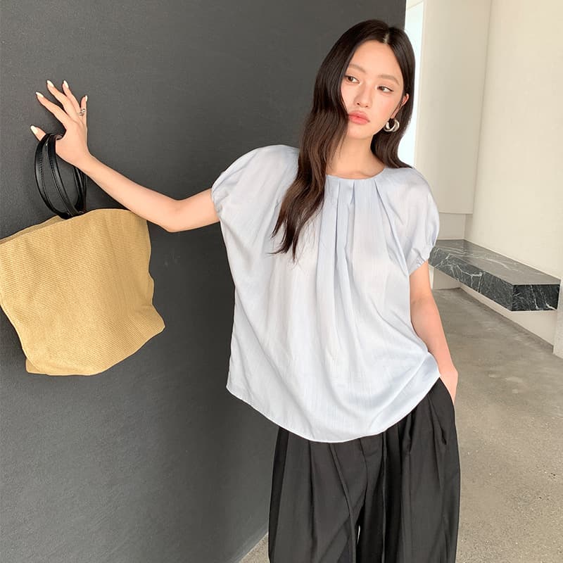 Wear both front and back! Gentle Wind Pleated Tencel Shirt Women's Summer Loose Slim Puff Sleeve Doll Shirt 59581