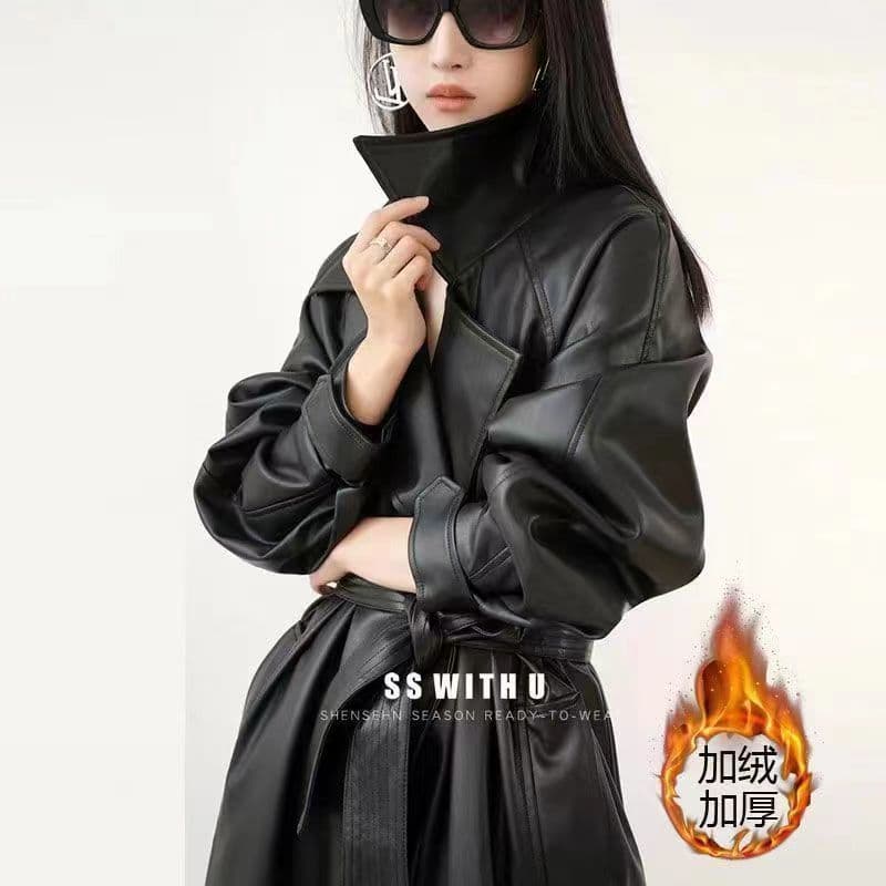 Thickened Mid-Length 2026 Trench Coat Leather Jacket for Women, Fleece-Lined New Original Autumn/Winter Leather Outerwear, Stylish European-American Style