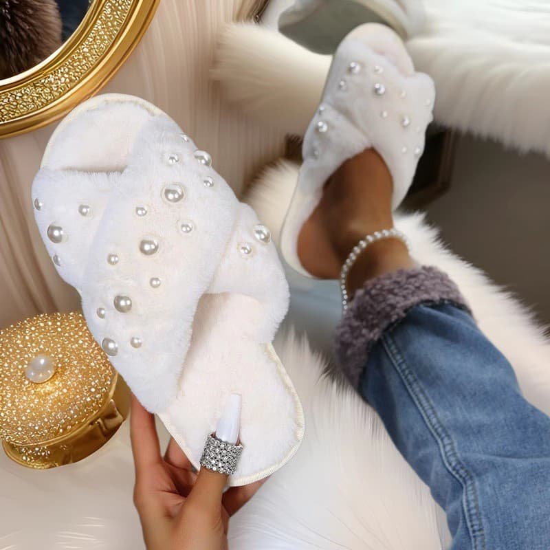 Women's Flat Bottom Pearl Crossed Fur Slippers Candy Colored Cotton Slippers Home Comfortable Rubber Sole Floral Embellished