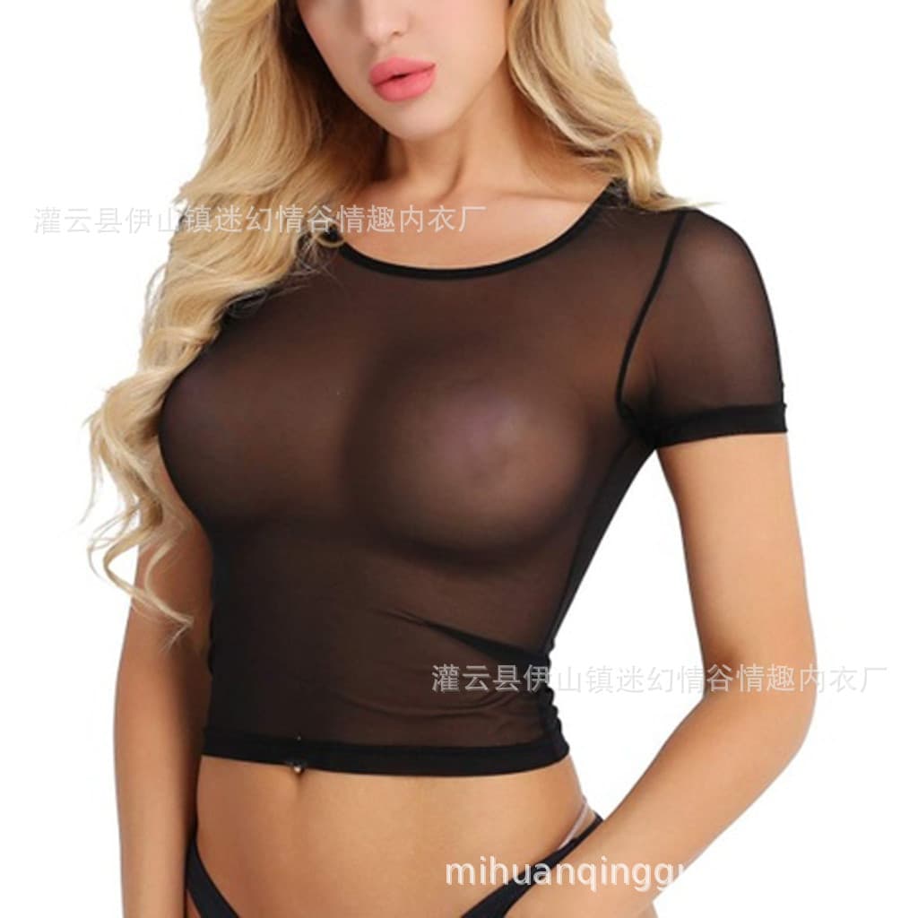 2024 New European and American Export Lingerie Two-Piece Set Women's Short Sleeve Mesh Sheer Crop Top