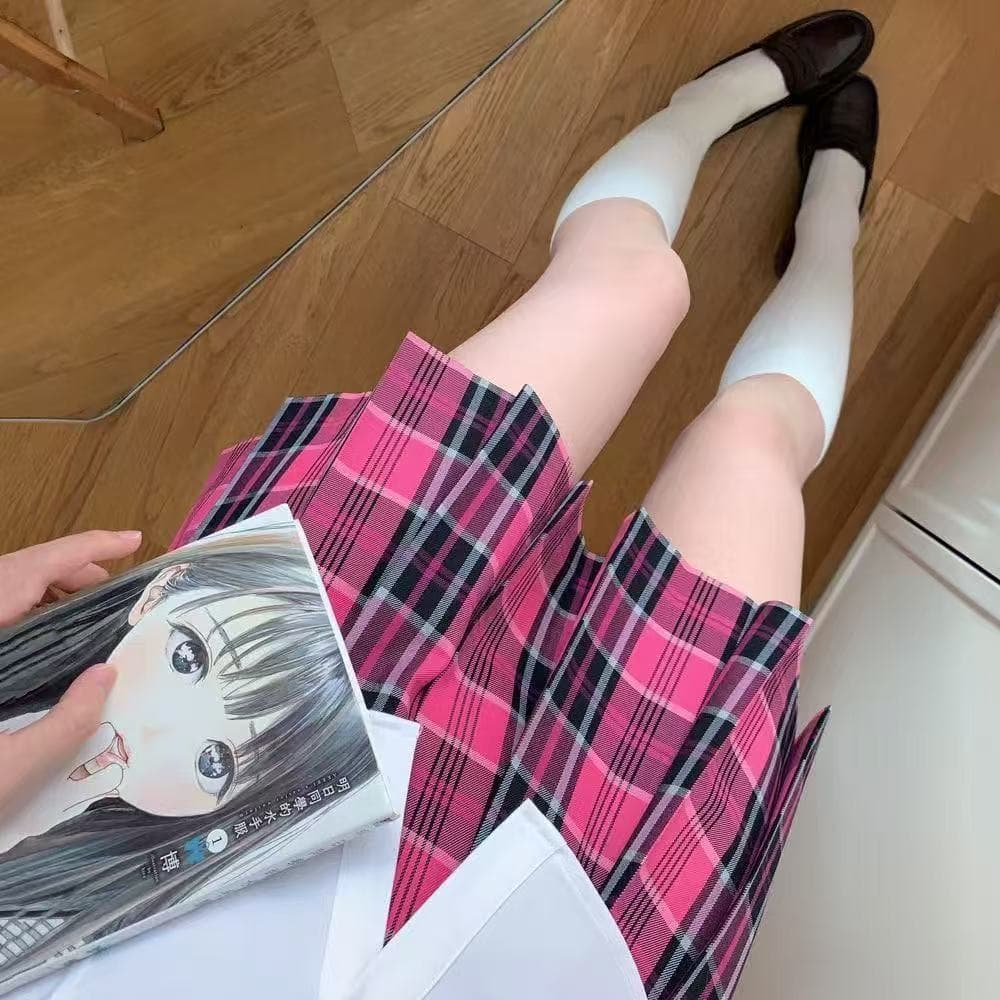 2025 High-Quality Original Authentic Spring/Summer School Style JK Plaid Skirt, Student A-line Midi Skirt, College Style, Rose Red
