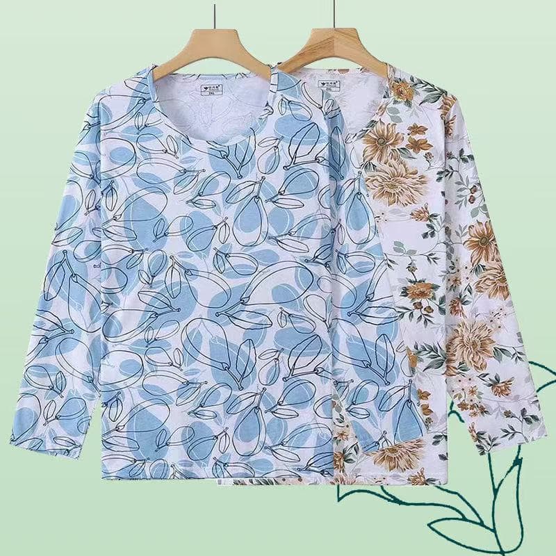 Wholesale Drop Shipping Pure Cotton Pajamas for Women, Summer Thin Collar Long-Sleeve Homewear, Middle-Aged and Elderly Loose Fit Large Size Top
